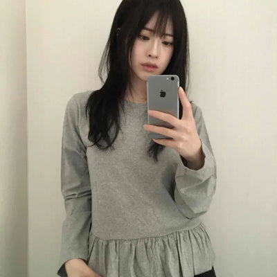 Natural Frill Layered Long Sleeve T-shirt