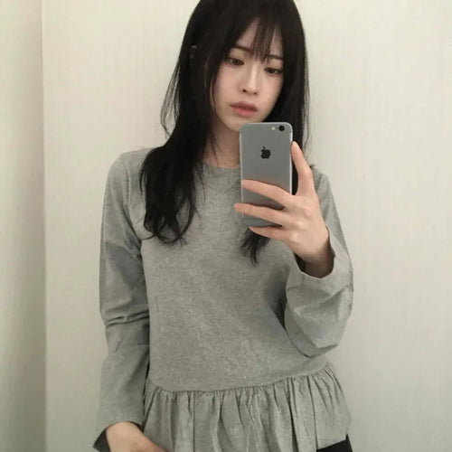 Natural Frill Layered Long Sleeve T-shirt