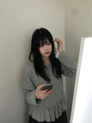 Natural Frill Layered Long Sleeve T-shirt