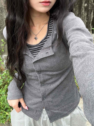 Striped Halter Neck Layered Long Sleeve T-shirt