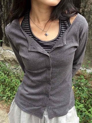 Striped Halter Neck Layered Long Sleeve T-shirt