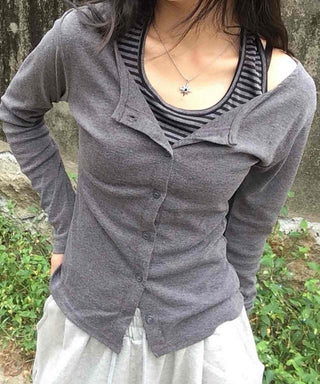 Striped Halter Neck Layered Long Sleeve T-shirt
