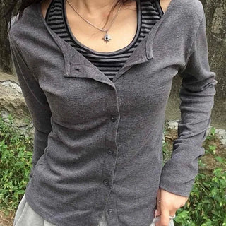 Striped Halter Neck Layered Long Sleeve T-shirt