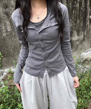 Striped Halter Neck Layered Long Sleeve T-shirt