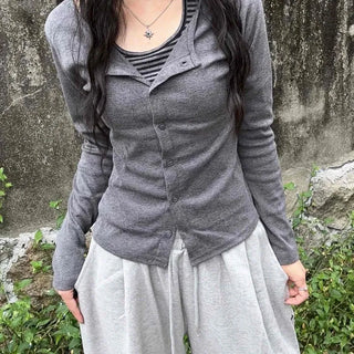 Striped Halter Neck Layered Long Sleeve T-shirt