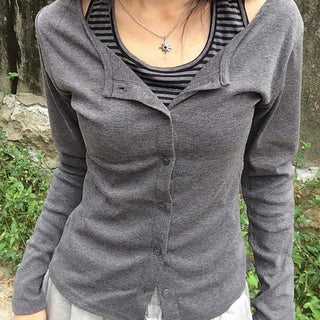 Striped Halter Neck Layered Long Sleeve T-shirt