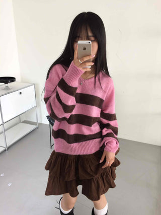 Boho Chic Striped Contrast V-Neck Knit