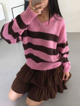 Boho Chic Striped Contrast V-Neck Knit