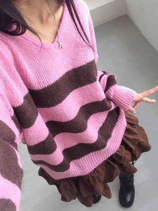 Boho Chic Striped Contrast V-Neck Knit