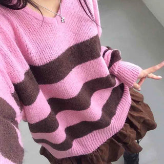 Boho Chic Striped Contrast V-Neck Knit