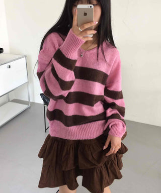 Boho Chic Striped Contrast V-Neck Knit