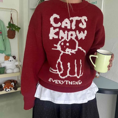 Simple Cat's Lettering Round Neck Knit