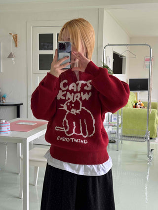 Simple Cat's Lettering Round Neck Knit