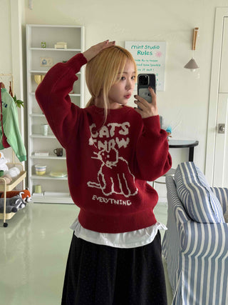 Simple Cat's Lettering Round Neck Knit