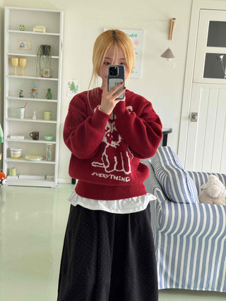 Simple Cat's Lettering Round Neck Knit