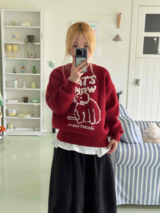 Simple Cat's Lettering Round Neck Knit