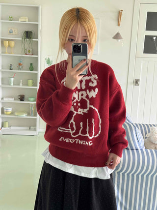 Simple Cat's Lettering Round Neck Knit