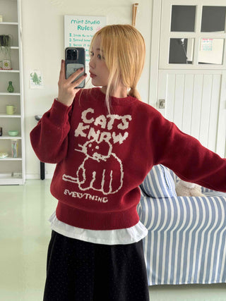 Simple Cat's Lettering Round Neck Knit