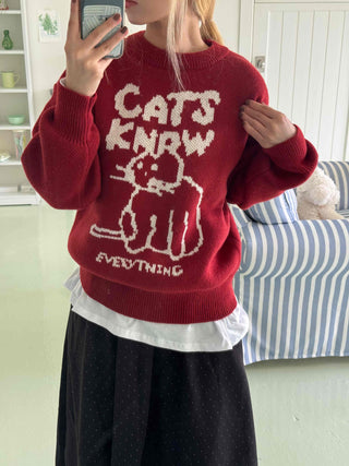 Simple Cat's Lettering Round Neck Knit
