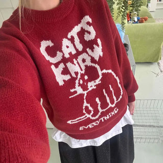 Simple Cat's Lettering Round Neck Knit