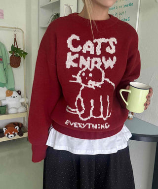 Simple Cat's Lettering Round Neck Knit