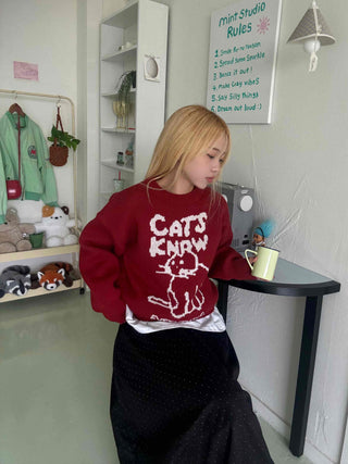 Simple Cat's Lettering Round Neck Knit