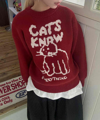 Simple Cat's Lettering Round Neck Knit