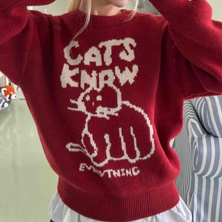 Simple Cat's Lettering Round Neck Knit