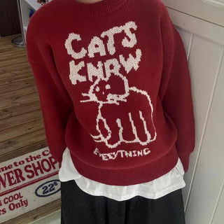 Simple Cat's Lettering Round Neck Knit