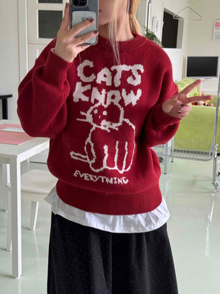 Simple Cat's Lettering Round Neck Knit