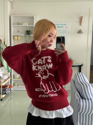Simple Cat's Lettering Round Neck Knit