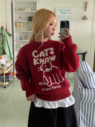 Simple Cat's Lettering Round Neck Knit
