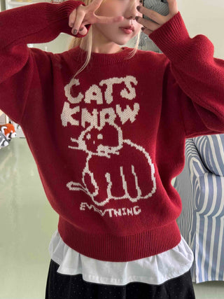 Simple Cat's Lettering Round Neck Knit