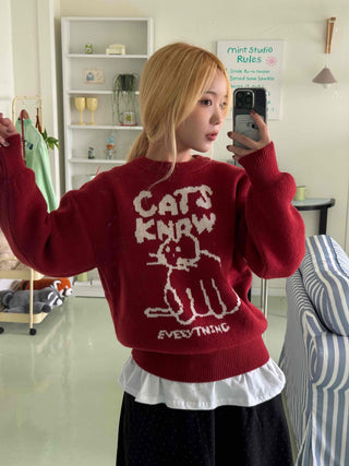 Simple Cat's Lettering Round Neck Knit
