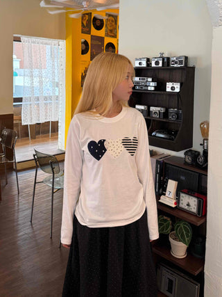 Newtro Stripe Heart Patch Long Sleeve Tee