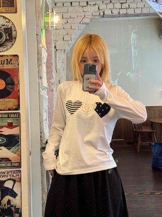 Newtro Stripe Heart Patch Long Sleeve Tee
