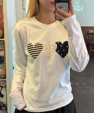 Newtro Stripe Heart Patch Long Sleeve Tee
