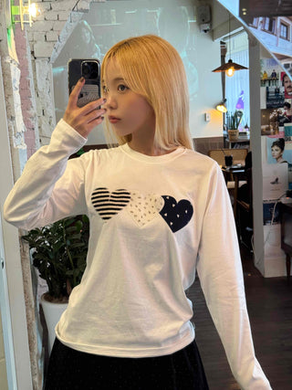 Newtro Stripe Heart Patch Long Sleeve Tee