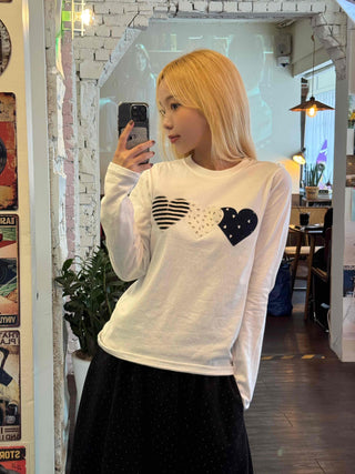 Newtro Stripe Heart Patch Long Sleeve Tee