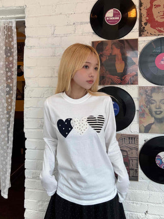 Newtro Stripe Heart Patch Long Sleeve Tee