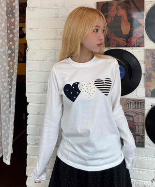 Newtro Stripe Heart Patch Long Sleeve Tee