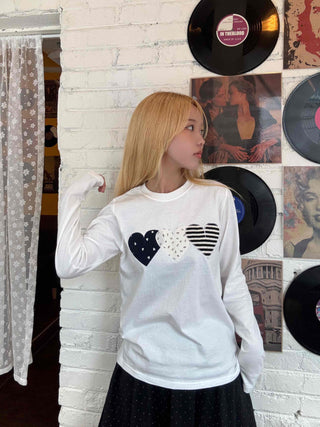 Newtro Stripe Heart Patch Long Sleeve Tee
