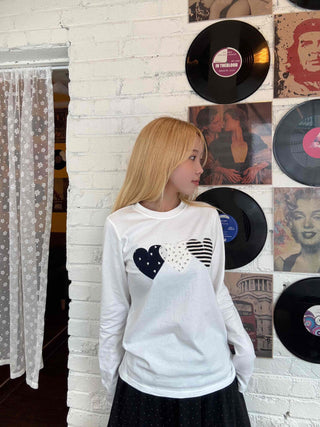 Newtro Stripe Heart Patch Long Sleeve Tee