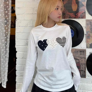 Newtro Stripe Heart Patch Long Sleeve Tee
