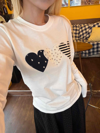 Newtro Stripe Heart Patch Long Sleeve Tee