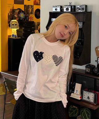 Newtro Stripe Heart Patch Long Sleeve Tee