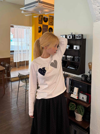 Newtro Stripe Heart Patch Long Sleeve Tee