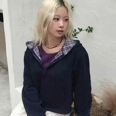 New Basic Check Zip-up Hoodie