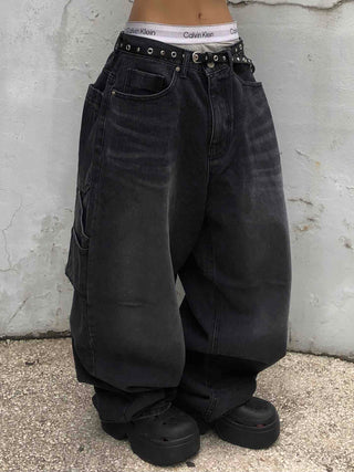 Balloon Fit Carpenter Cutout Denim Long Pants