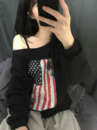 Sporty One-Off-Shoulder American Flag Sweatshirt